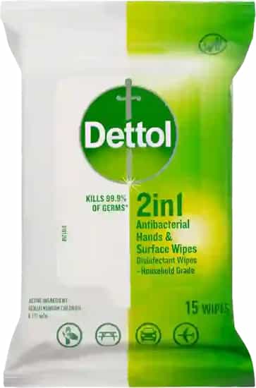 Dettol 2 in 1 Hands & Surfaces Antibacterial Wipes (15 counts)