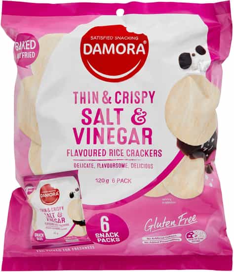 Damora Thin & Crispy Salt & Vinegar Rice Crackers 6 Pack (120 gs)