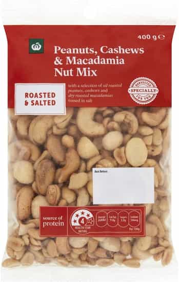 Woolworths Roasted & Salted Peanuts Cashews & Macadamia Nut Mix (400 gs)