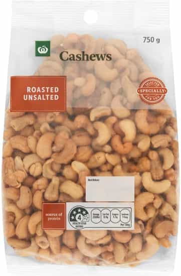 Woolworths Roasted & Unsalted Cashews (750 gs)