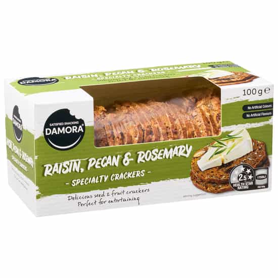 Damora Satisfied Snacking Raisin, Pecan & Rosemary Specialty Crackers (100 gs)