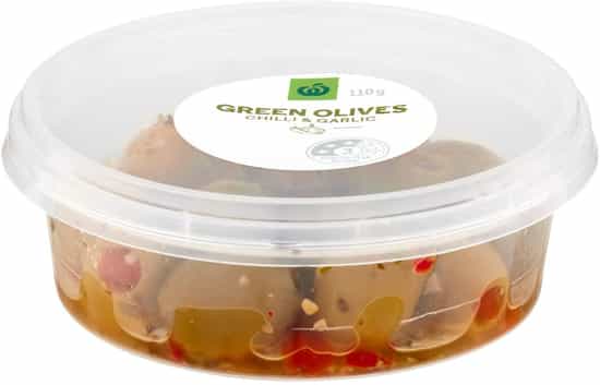 Woolworths Green Olives Chilli & Garlic (110 gs)