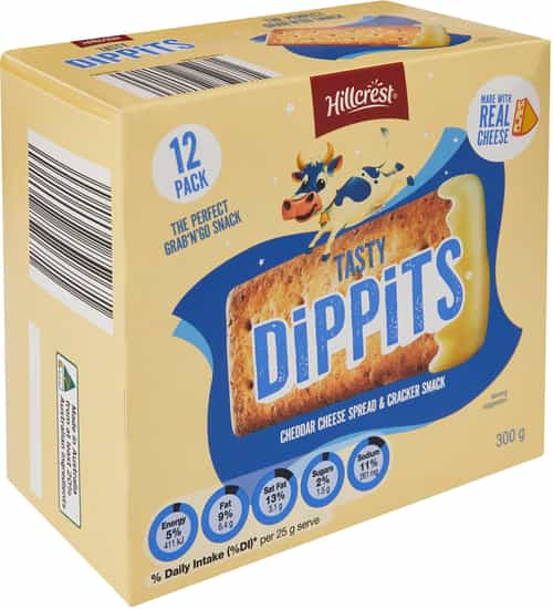 Hillcrest Dippits Cheddar Cheese & Crackers 12 Pack (300 gs)