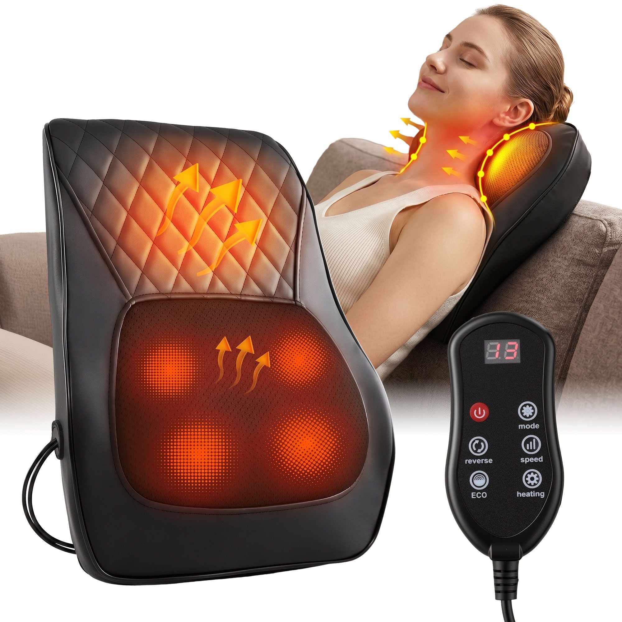 Livemor Back Massager with Heat and Traction, Neck and Shoulder Massage Pillow, Ergonomic Backrest for Office Chair & Sofa, Lumbar Support Cushion with 2-Level Thermal Relief, 6 Modes for Cervical & Full Body Pain Relief, Large
