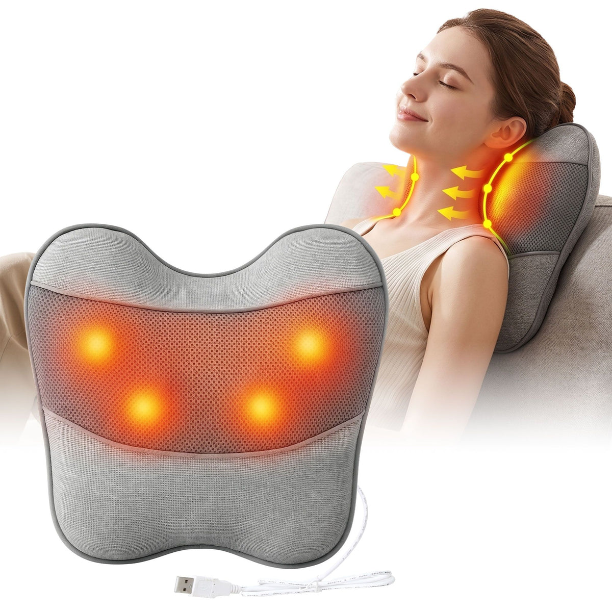 Livemor Back Massager with Heat, USB Neck and Shoulder Massage Pillow, 3-Speed Ergonomic Lumbar Support Cushion for Office Chair, Portable Muscle Relief for Back, Thigh & Calf, Grey