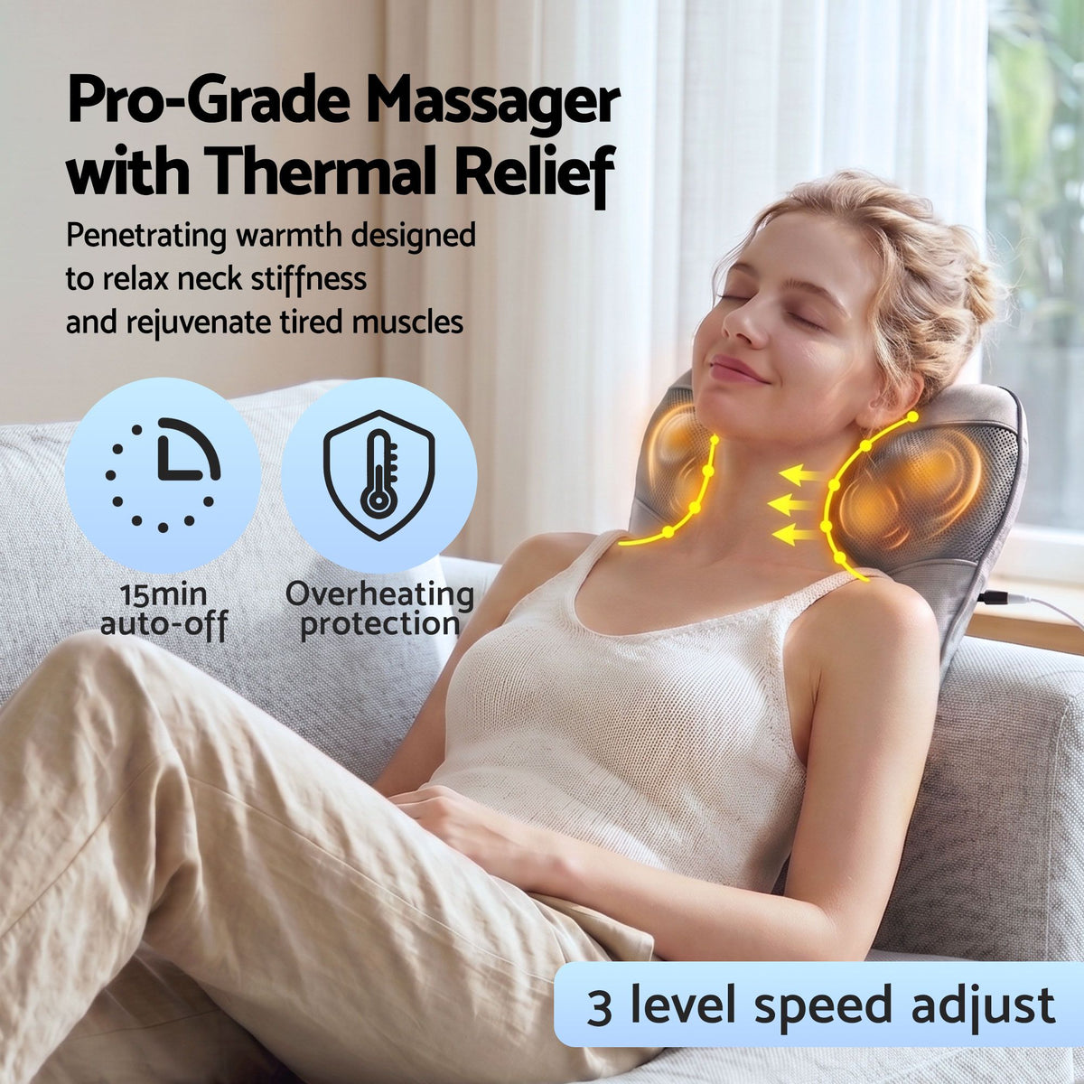 Livemor Back Massager with Heat, USB Neck and Shoulder Massage Pillow, 3-Speed Ergonomic Lumbar Support Cushion for Office Chair, Portable Muscle Relief for Back, Thigh & Calf, Grey
