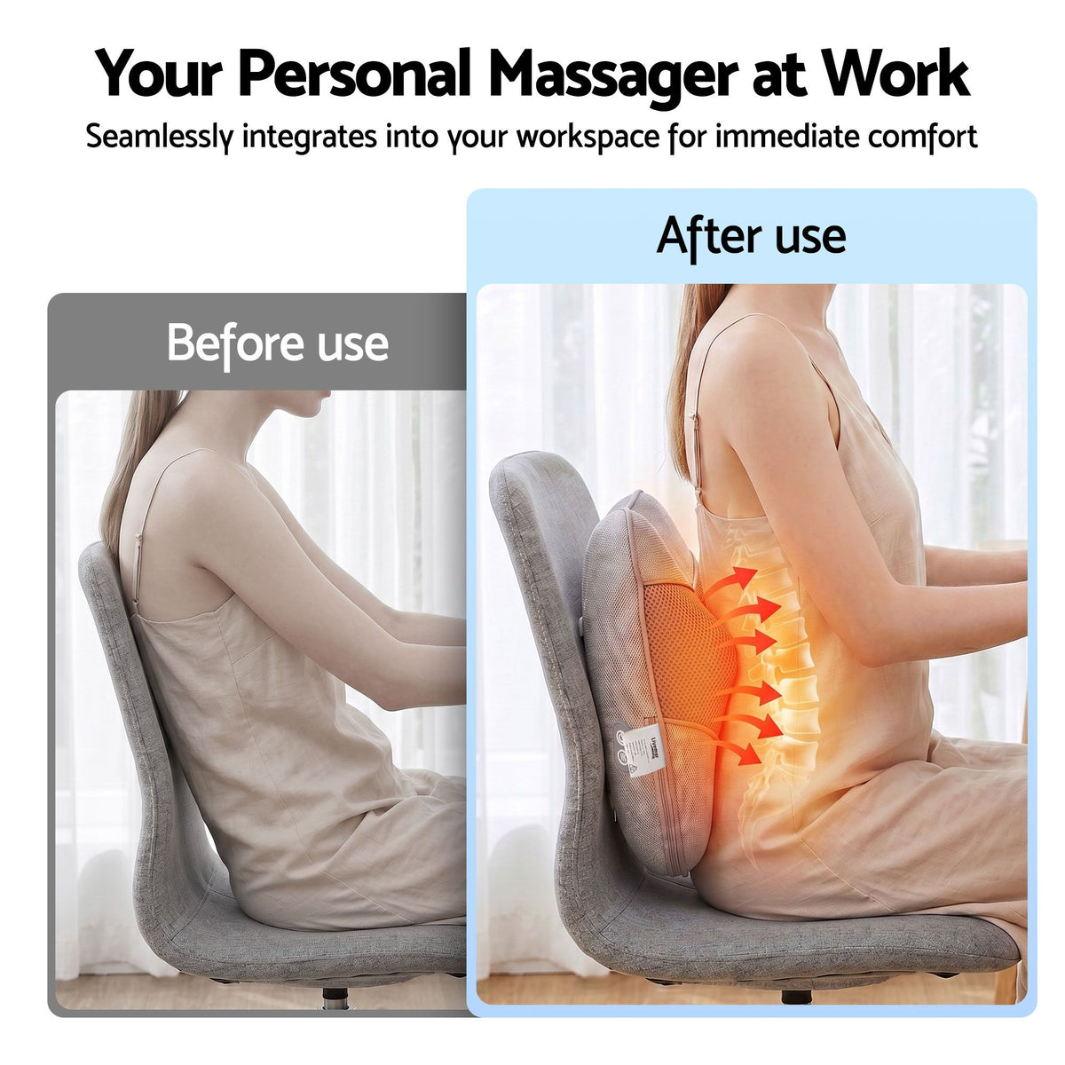 Livemor Back Massager with Heat, USB Neck and Shoulder Massage Pillow, 3-Speed Ergonomic Lumbar Support Cushion for Office Chair, Portable Muscle Relief for Back, Thigh & Calf, Grey