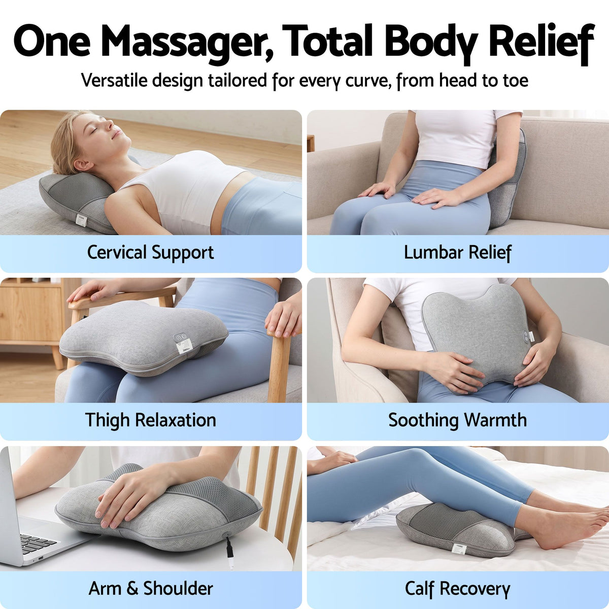 Livemor Back Massager with Heat, USB Neck and Shoulder Massage Pillow, 3-Speed Ergonomic Lumbar Support Cushion for Office Chair, Portable Muscle Relief for Back, Thigh & Calf, Grey