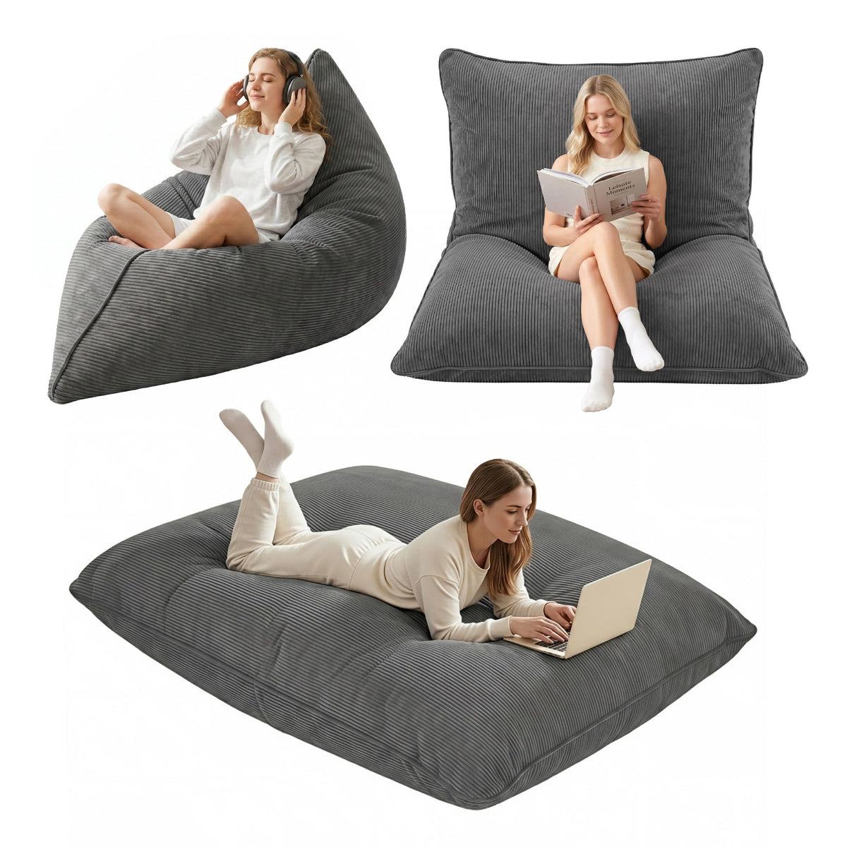 Artiss 3 in 1 Bean Bag Chair Cover (No Filler) Convertible Bean Bag for Adults, Corduroy Stuffed Animal Storage Bean Bag Cover Washable for Living Room Bedroom, Grey