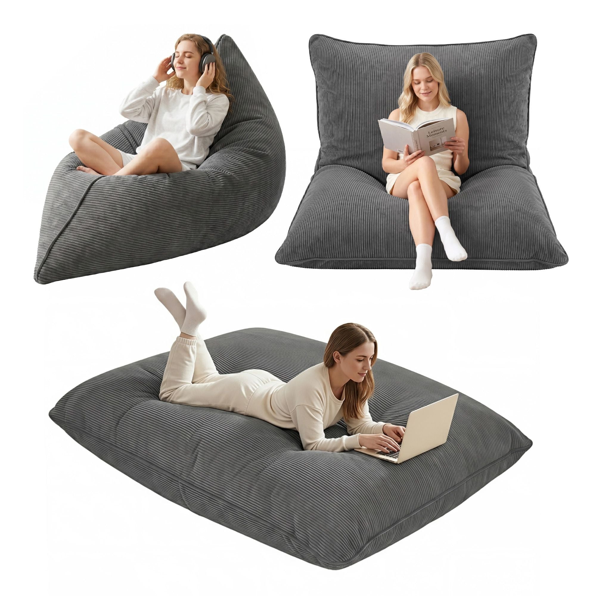 Artiss 3 in 1 Bean Bag Chair Cover (No Filler) Convertible Bean Bag for Adults, Corduroy Stuffed Animal Storage Bean Bag Cover Washable for Living Room Bedroom, Grey
