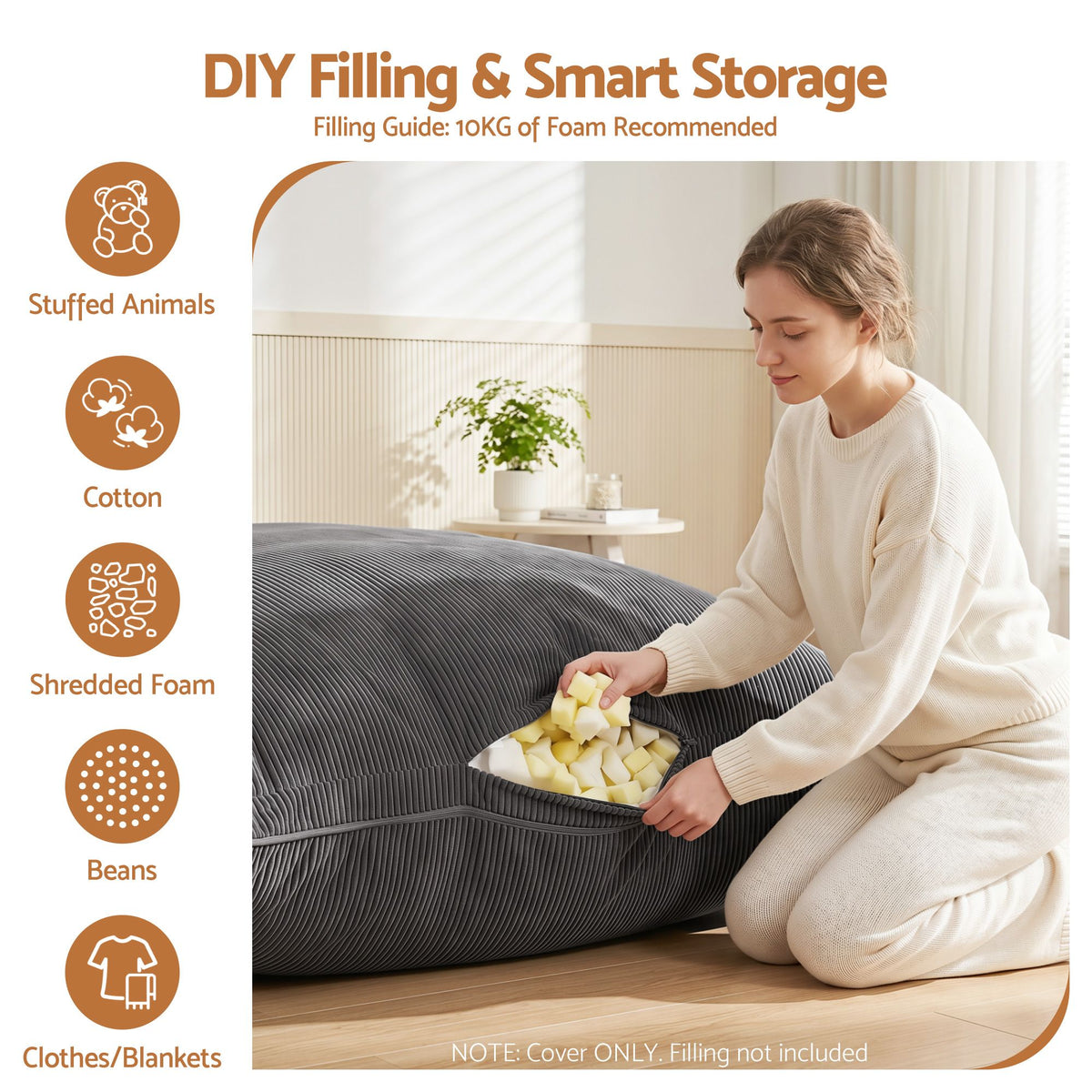 Artiss 3 in 1 Bean Bag Chair Cover (No Filler) Convertible Bean Bag for Adults, Corduroy Stuffed Animal Storage Bean Bag Cover Washable for Living Room Bedroom, Grey
