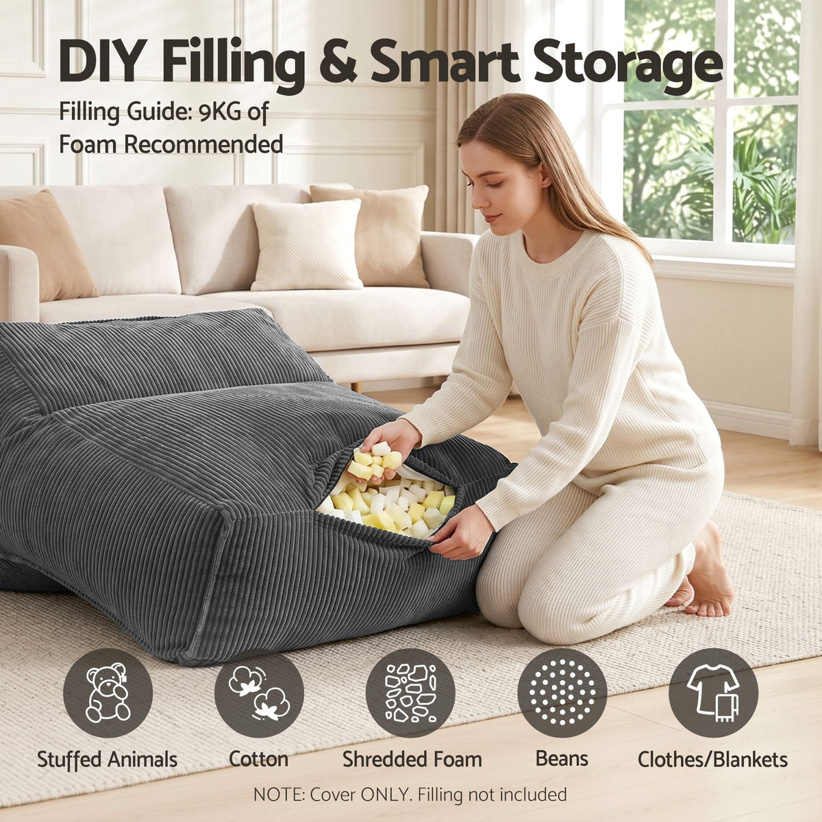Artiss Bean Bag Chair Cover (No Filler) Soft Corduroy Stuffed Animal Storage Bean Bag Cover for Adults, Washable Lazy Sofa Cover for Living Room Bedroom, Grey