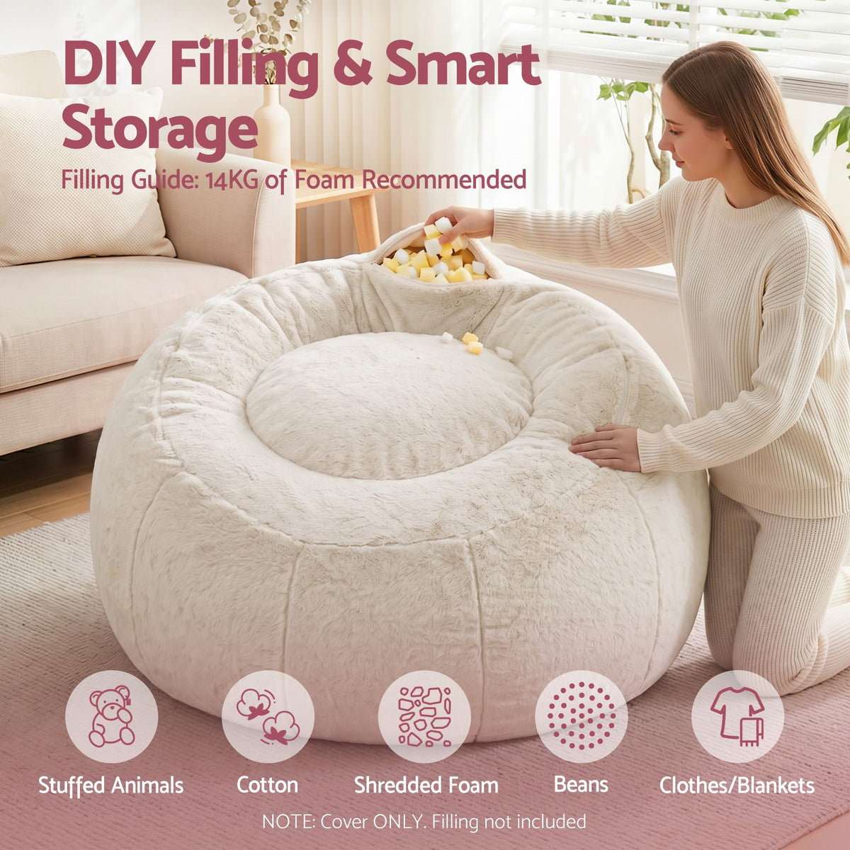 Artiss Bean Bag Chair Cover (No Filler) Soft Faux Fur Beanbag Round Sofa Beige