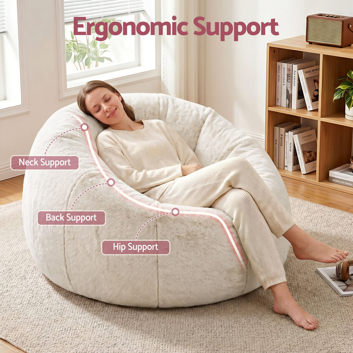 Artiss Bean Bag Chair Cover (No Filler) Soft Faux Fur Beanbag Round Sofa Beige