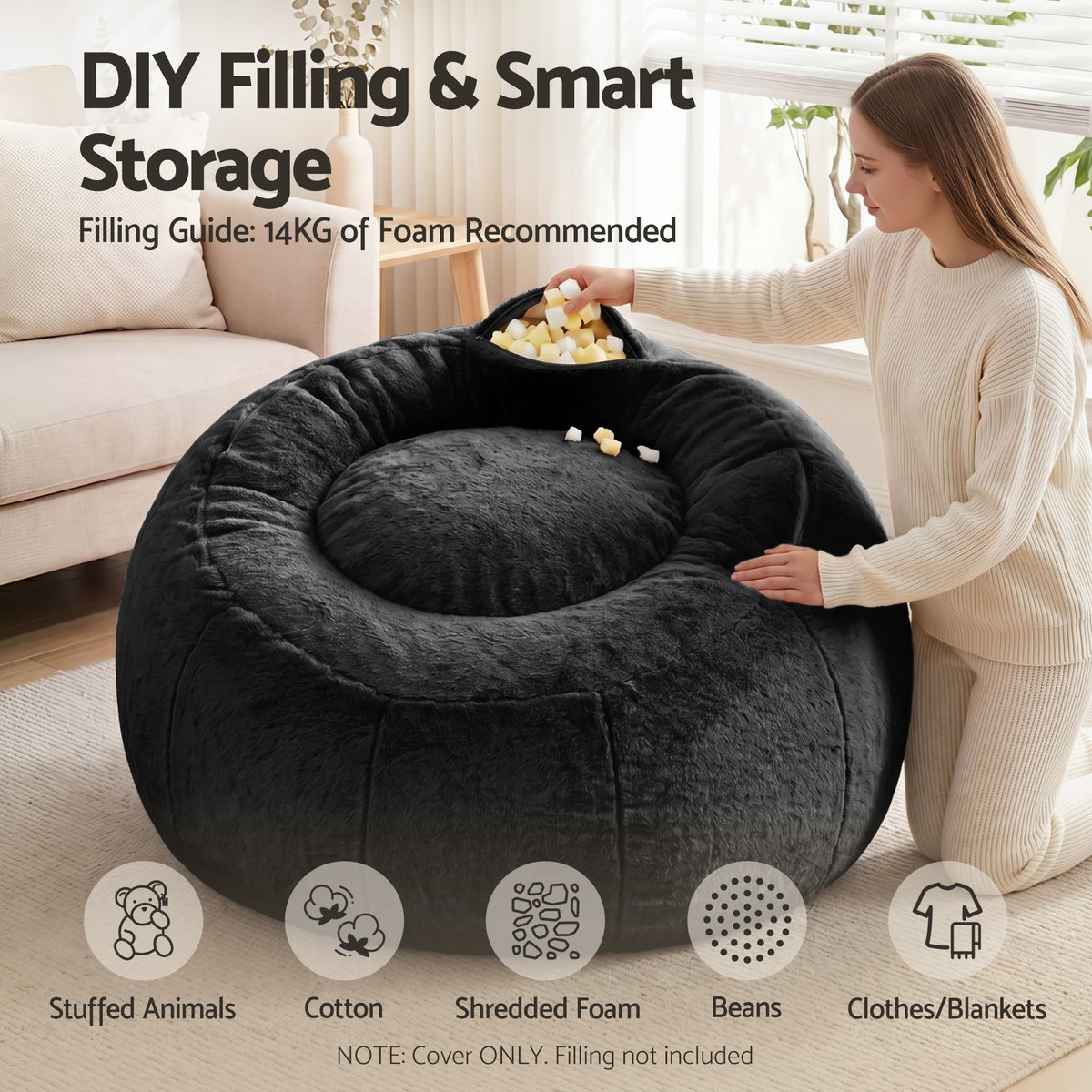 Artiss Bean Bag Chair Cover (No Filler) Soft Faux Fur Beanbag Round Sofa Black