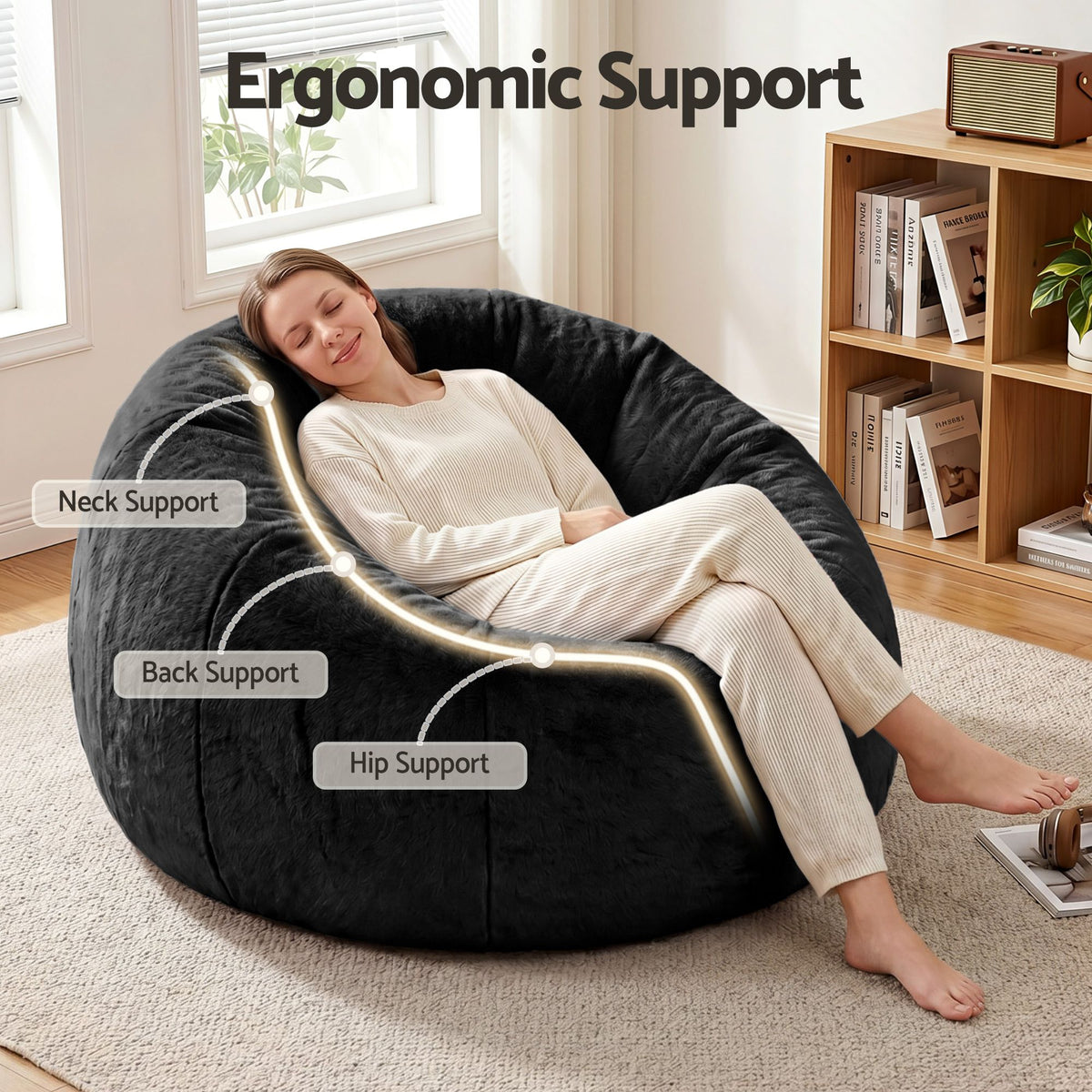 Artiss Bean Bag Chair Cover (No Filler) Soft Faux Fur Beanbag Round Sofa Black