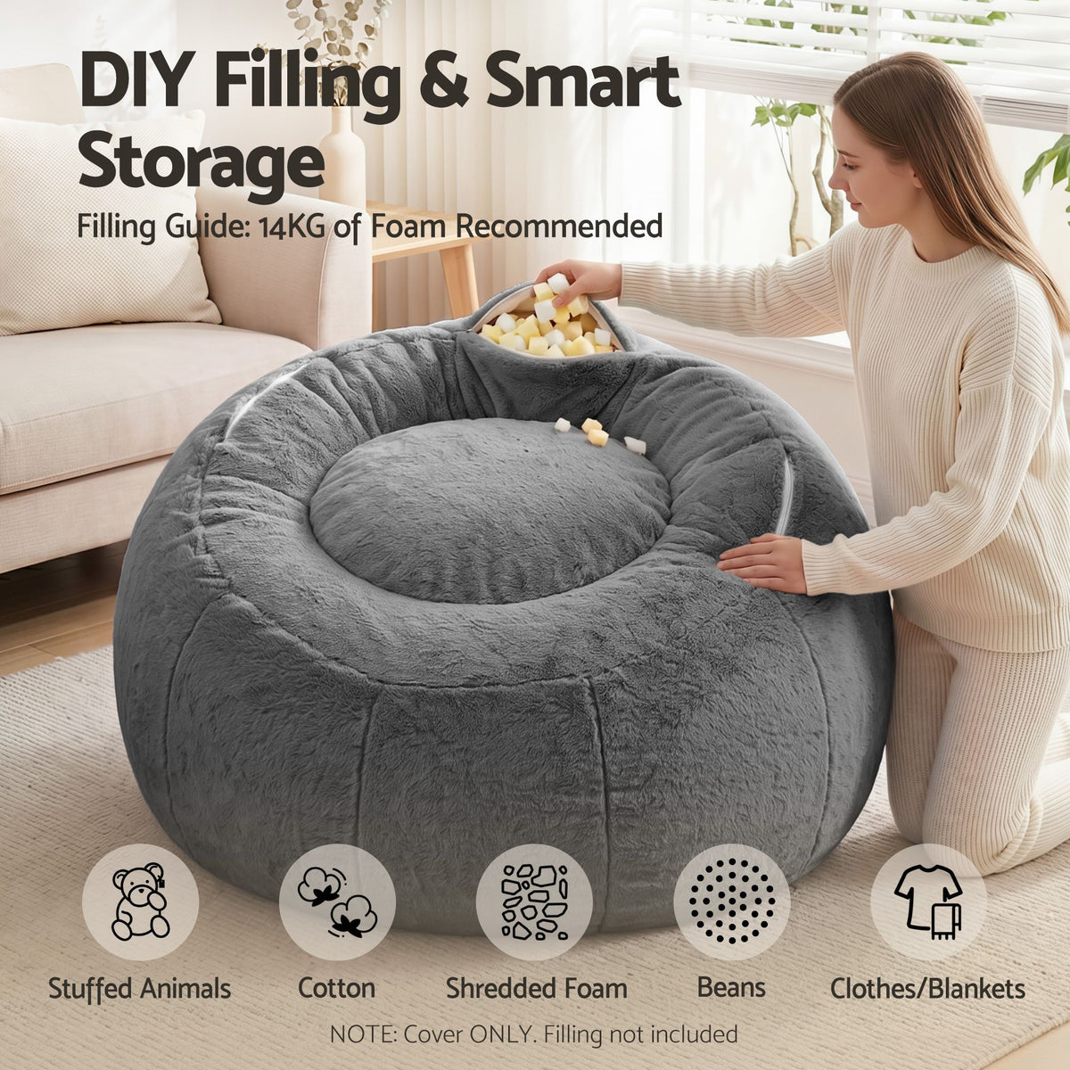 Artiss Bean Bag Chair Cover (No Filler) Soft Faux Fur Beanbag Round Sofa Grey