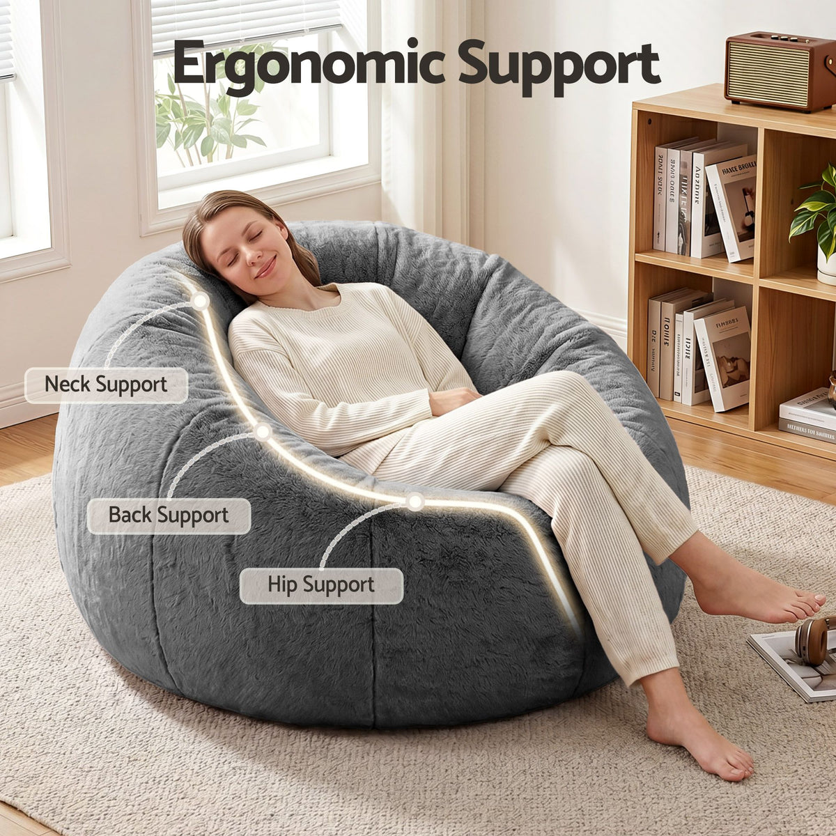 Artiss Bean Bag Chair Cover (No Filler) Soft Faux Fur Beanbag Round Sofa Grey