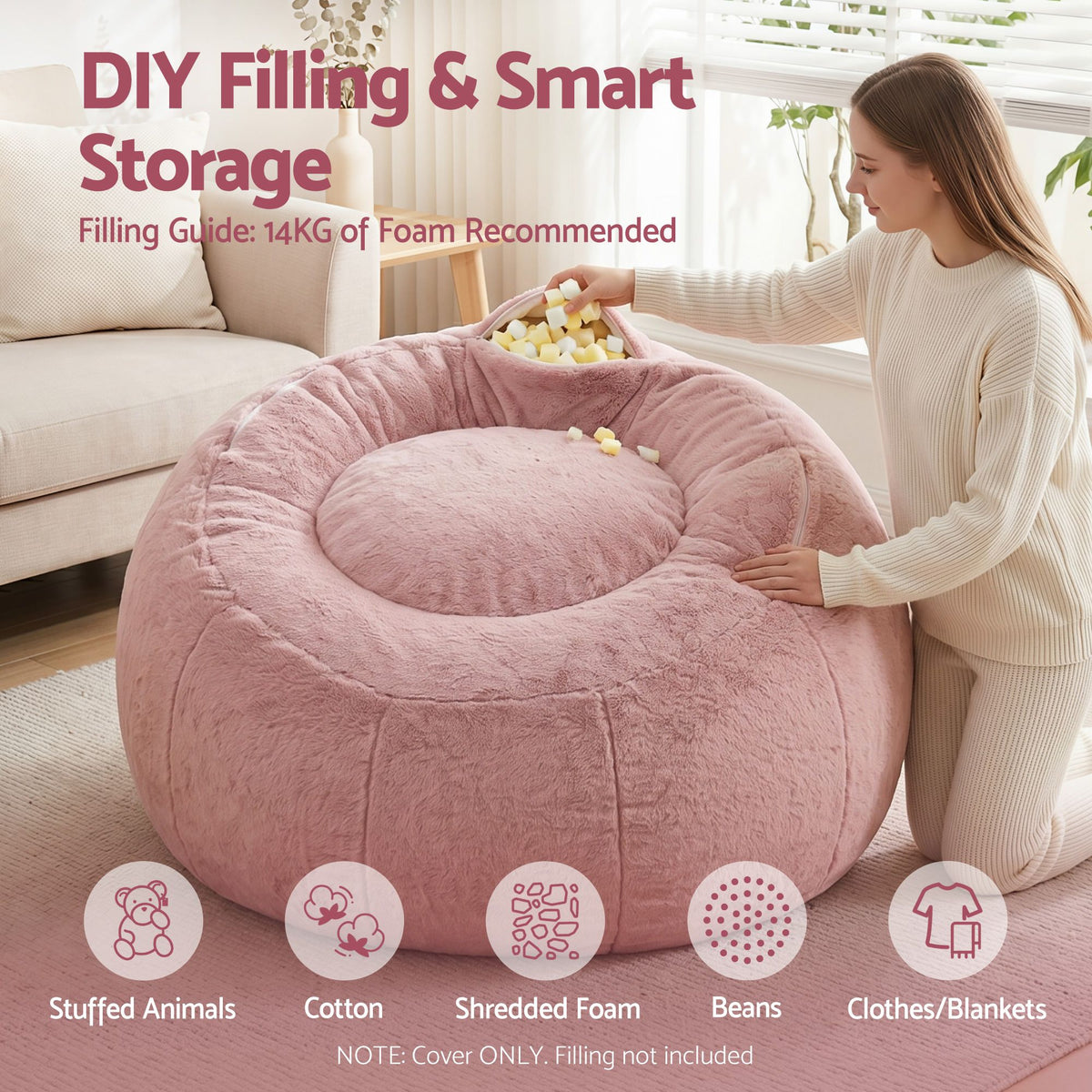 Artiss Bean Bag Chair Cover (No Filler) Soft Faux Fur Beanbag Round Sofa Pink