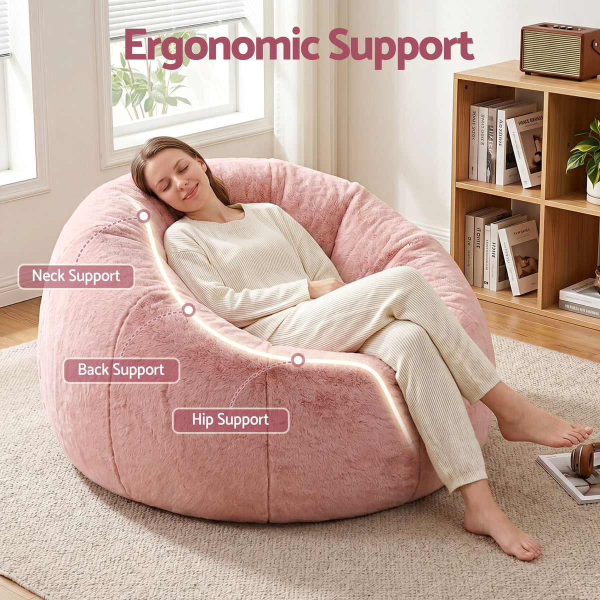 Artiss Bean Bag Chair Cover (No Filler) Soft Faux Fur Beanbag Round Sofa Pink