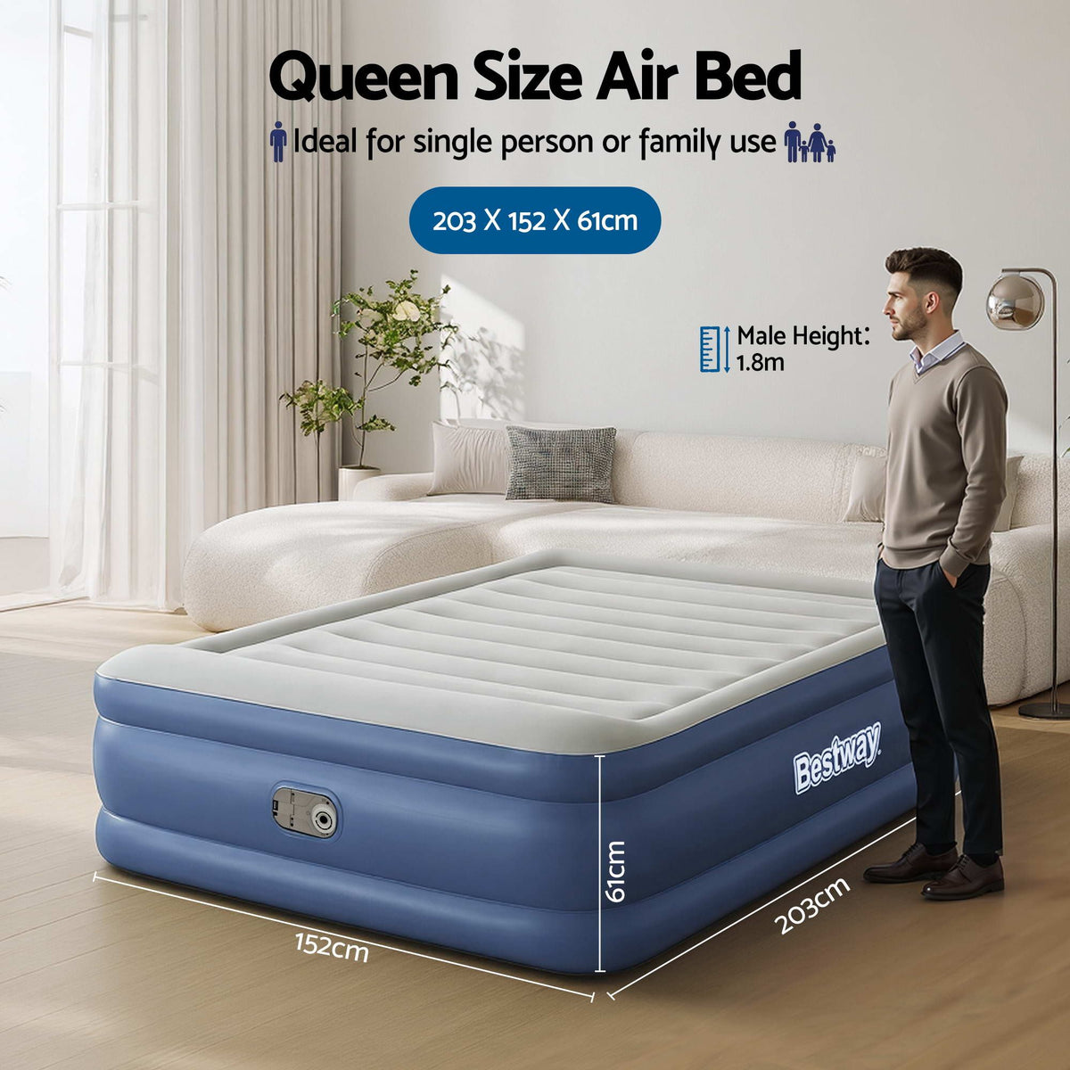 Bestway Air Mattress Queen Inflatable Bed 61cm Airbed Blue