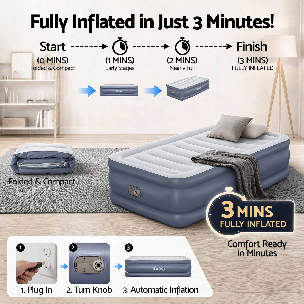 Bestway Mattress Air Bed Single Size 51CM Inflatable Camping Beds Home Outdoor