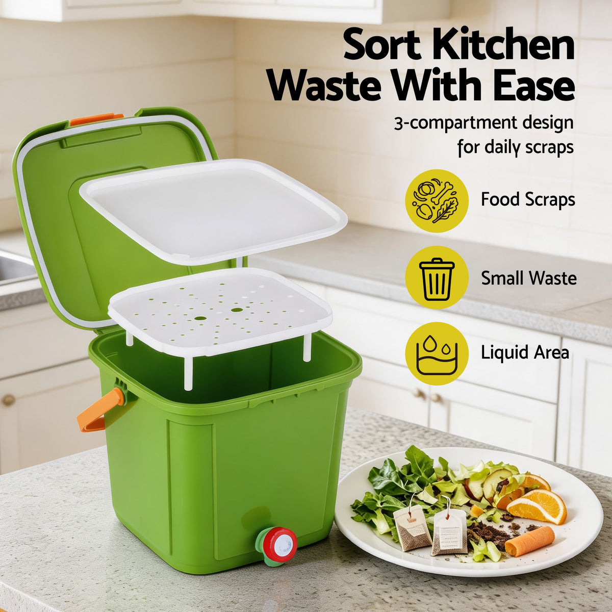 Gardeon 15L Kitchen Compost Bin Food Waste Caddy Drain Tap Green