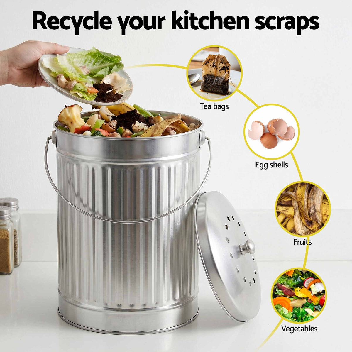 Gardeon Compost Bin Kitchen Countertop Food Waste Caddy 6L Silver