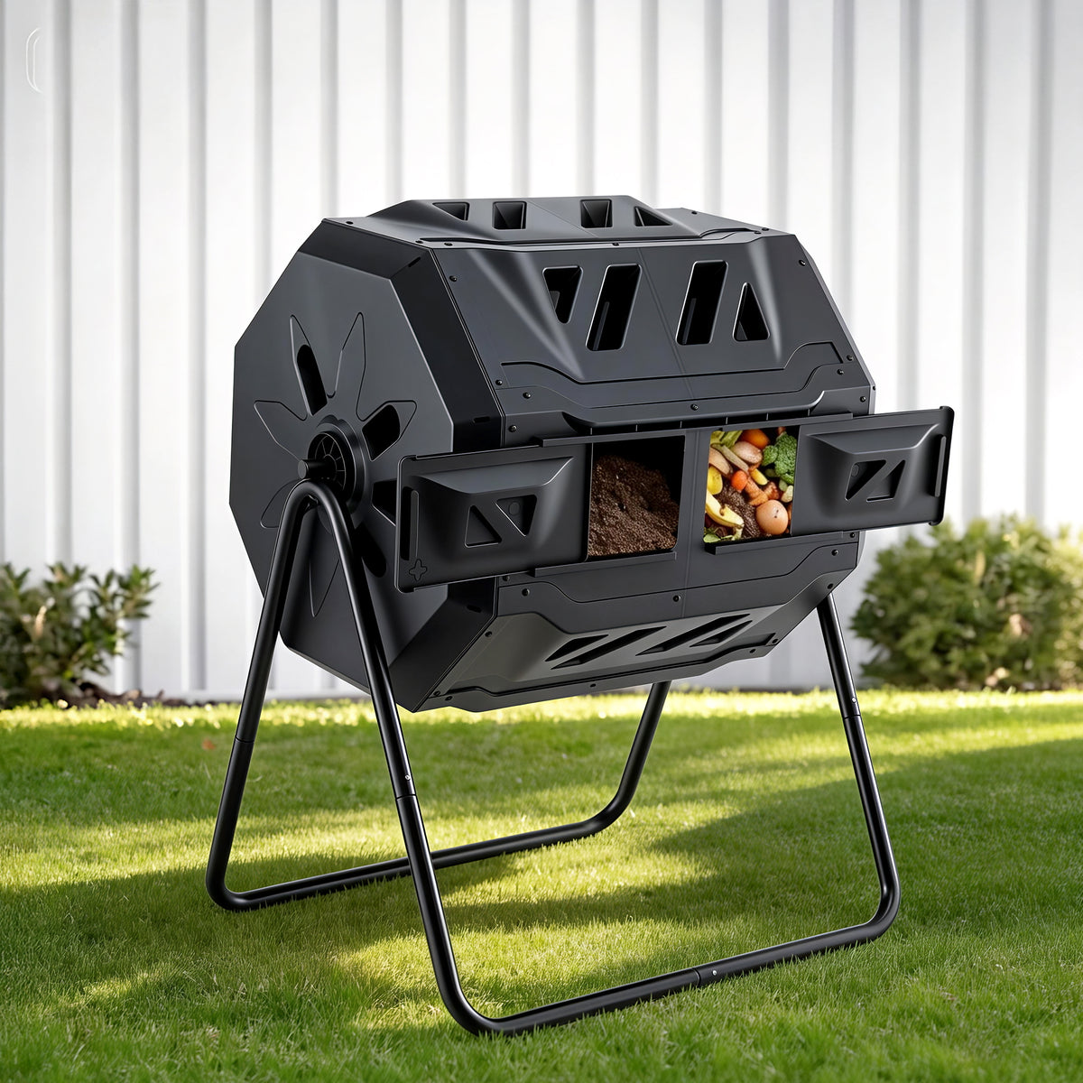 Gardeon Compost Bin Dual-Chamber 160L Composter Tumbler Rotat - CBIN-DUAL-TBL-BK