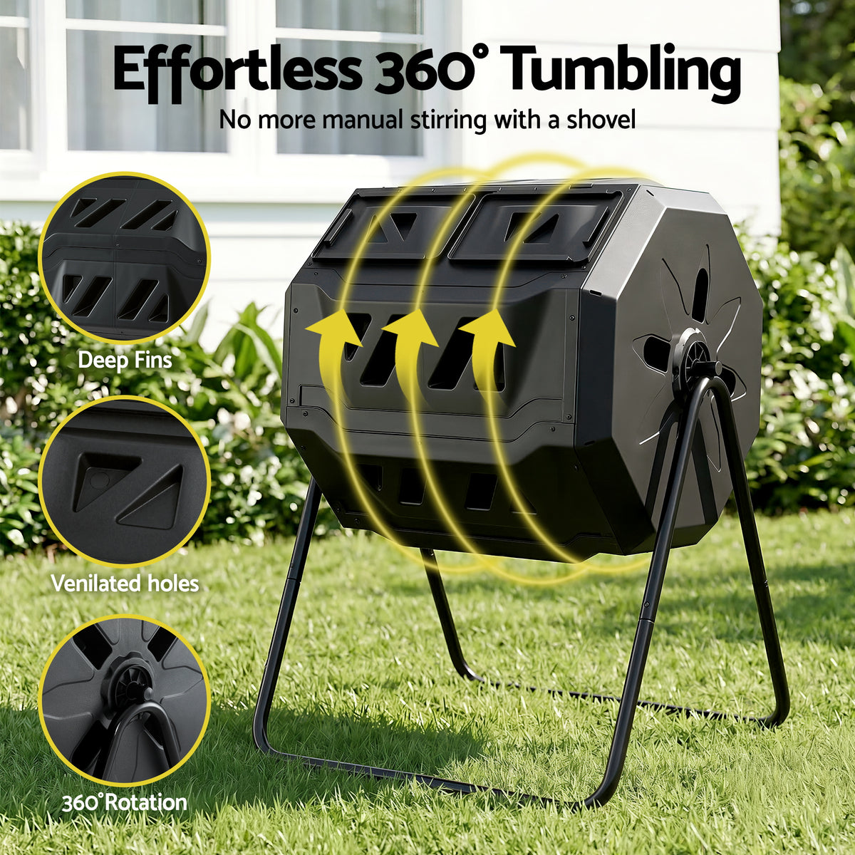 Gardeon Compost Bin Dual-Chamber 160L Composter Tumbler Rotat - CBIN-DUAL-TBL-BK