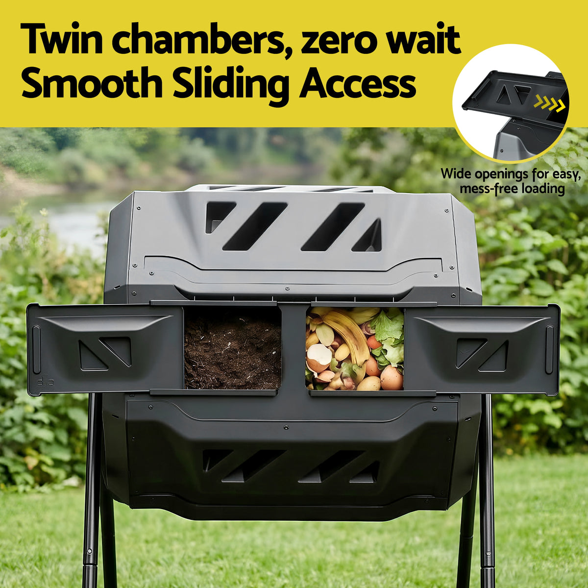 Gardeon Compost Bin Dual-Chamber 160L Composter Tumbler Rotat - CBIN-DUAL-TBL-BK