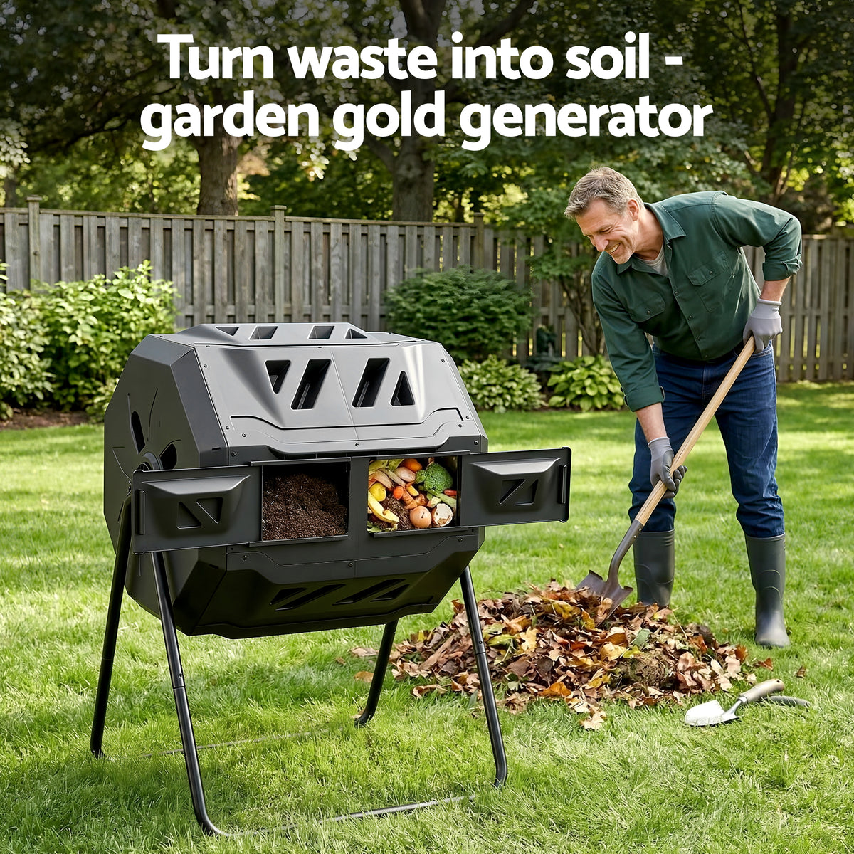 Gardeon Compost Bin Dual-Chamber 160L Composter Tumbler Rotat - CBIN-DUAL-TBL-BK