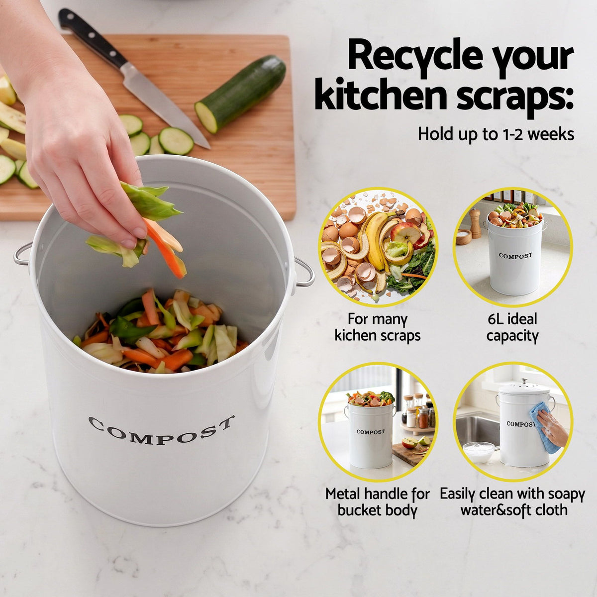 Gardeon Compost Bin Kitchen Compost Caddy Food Waste Bin Bench White