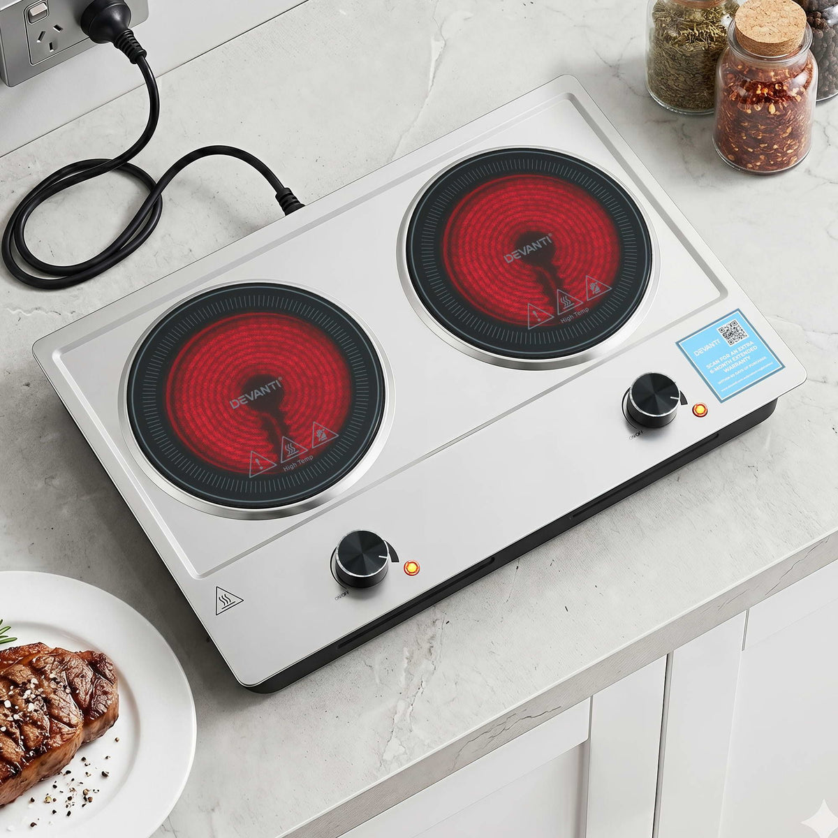 Devanti 2 Hobs Ceramic Cooktop Electric Hot Plate Infrared Knob Control 2400W