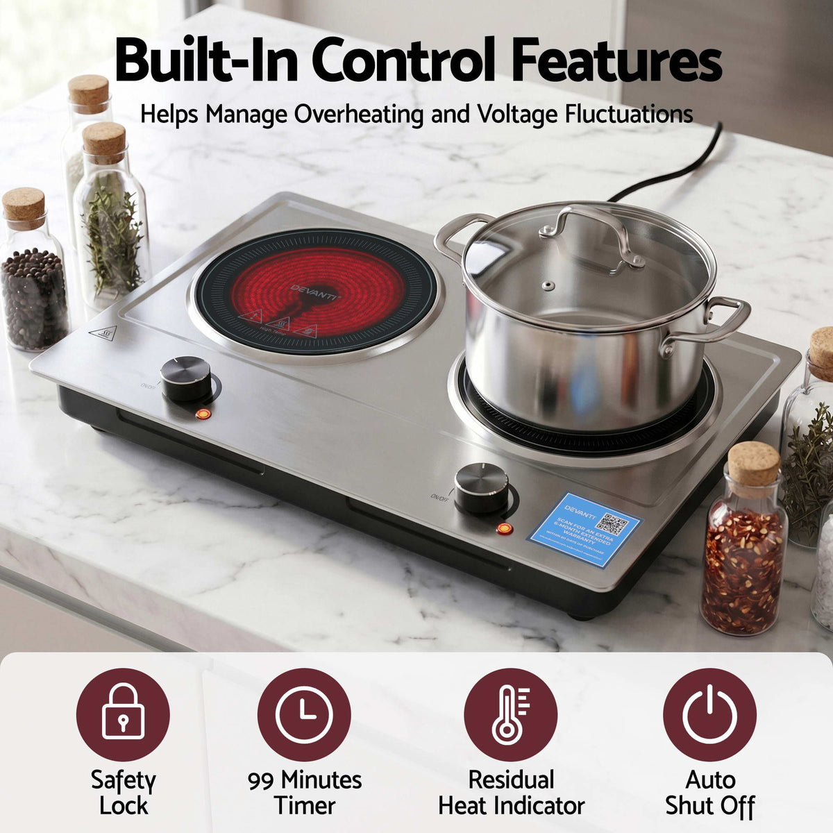 Devanti 2 Hobs Ceramic Cooktop Electric Hot Plate Infrared Knob Control 2400W