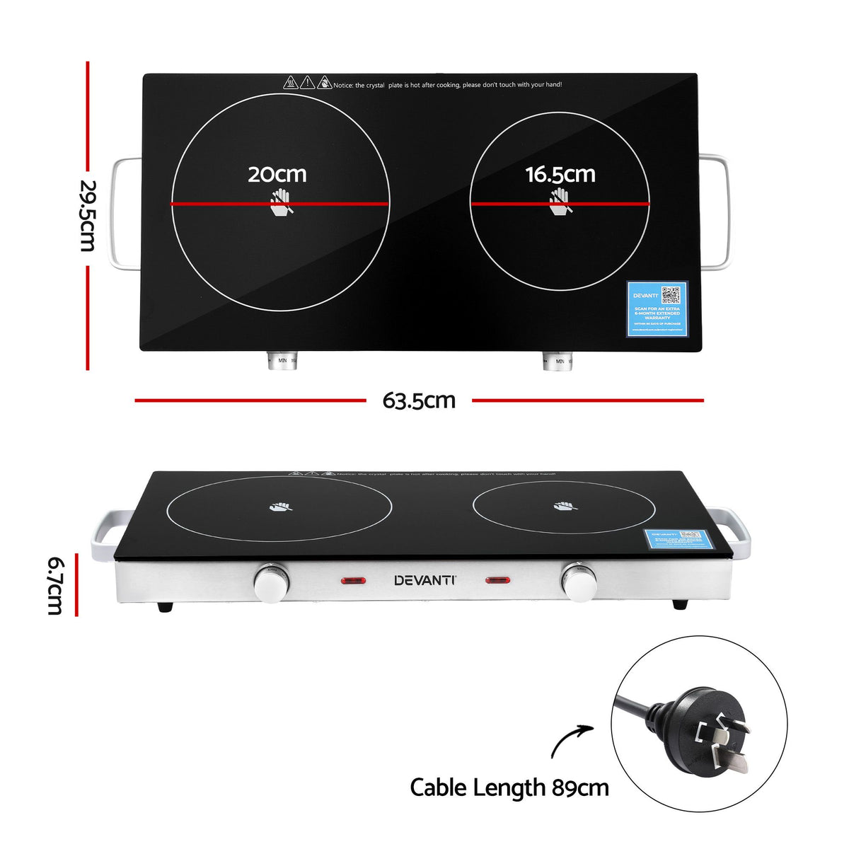 Devanti Portable Ceramic Cooktop Dual Burner Electric Hot Plate 2800W Black