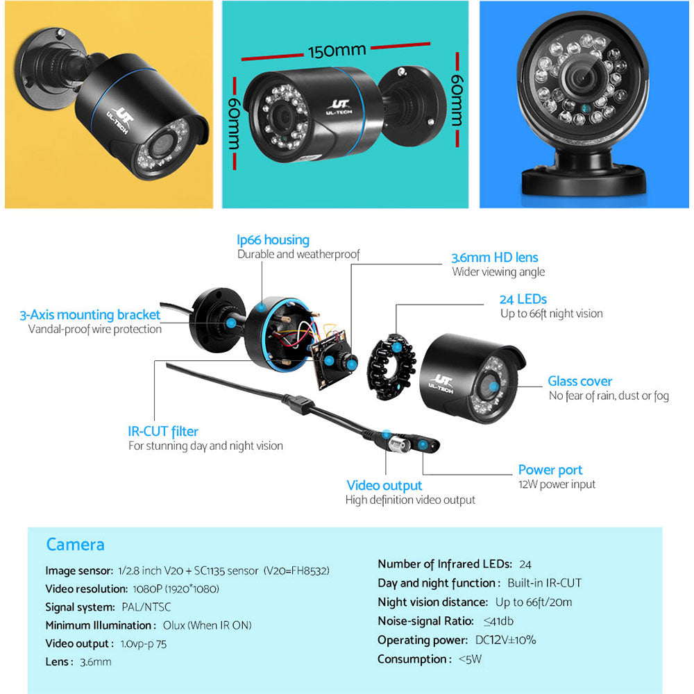 UL-TECH 1080P Security Camera System 4CH DVR with 2 CCTV Bullet Cameras
