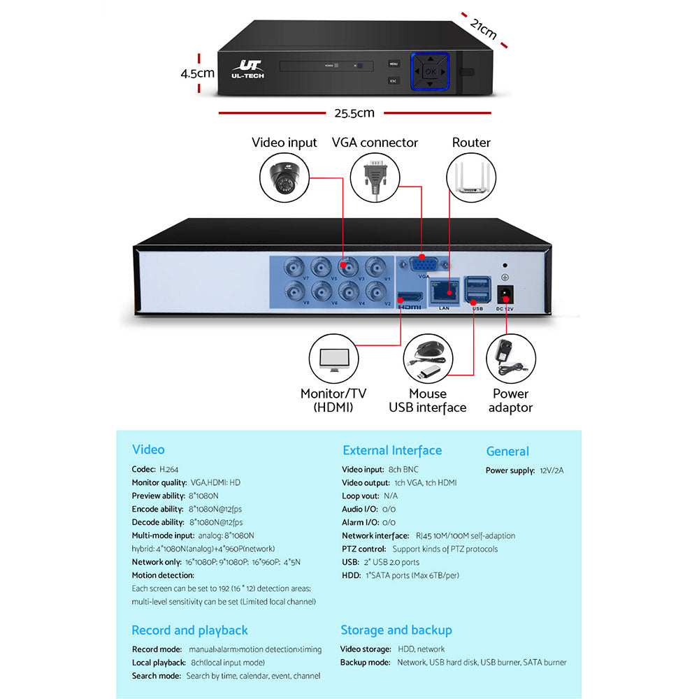 UL-TECH 1080P Security Camera System 8CH DVR with 8 CCTV Dome Cameras