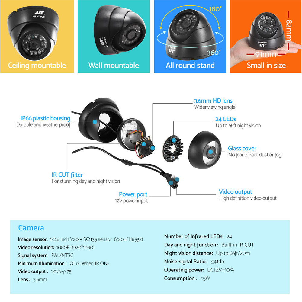 UL-TECH 1080P Security Camera System 8CH DVR with 8 CCTV Dome Cameras