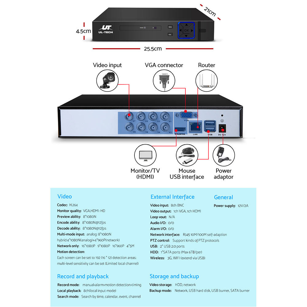 UL-TECH 1080P Security Camera System 8CH DVR with 8 CCTV Square Cameras