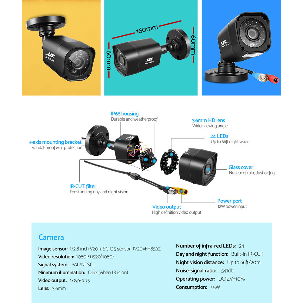 UL-TECH 1080P Security Camera System 8CH DVR with 8 CCTV Square Cameras