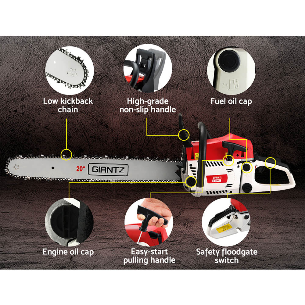 Giantz Chainsaw Petrol 62CC 20" Bar Commercial E-Start - CSAW-SXTO-20-RDWH-2C