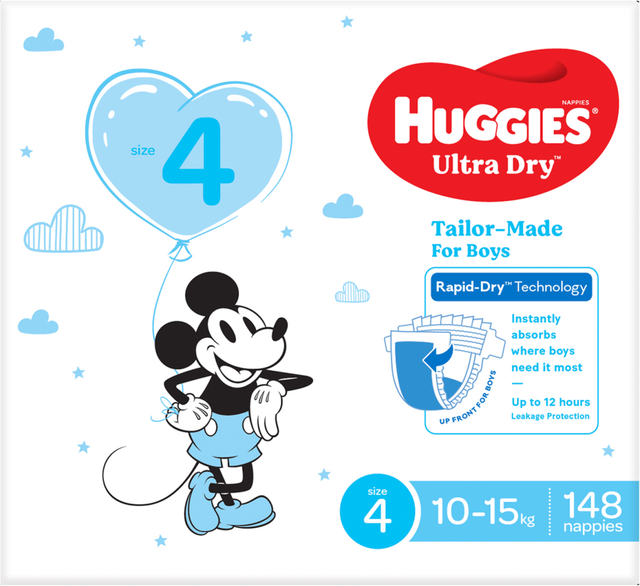 Huggies Boys' Ultra Dry Nappies Size 4 Toddler(148 pk)