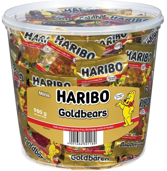 Haribo Gold Bears 100 Mini Bags Gummies Tub (980 g)