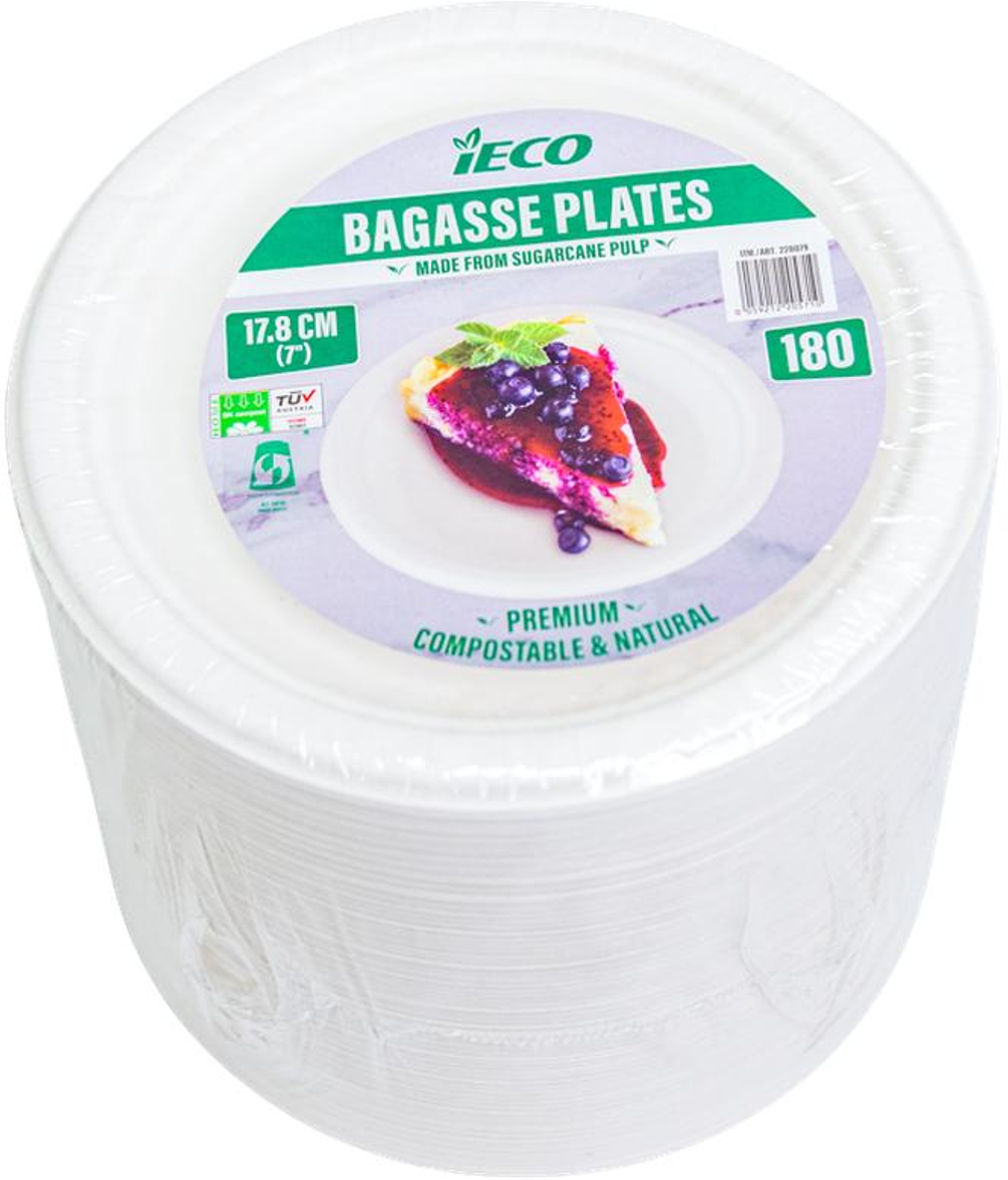 Ieco Bagasse Sugarcane Pulp 7" Disposable Plates (180 pk)