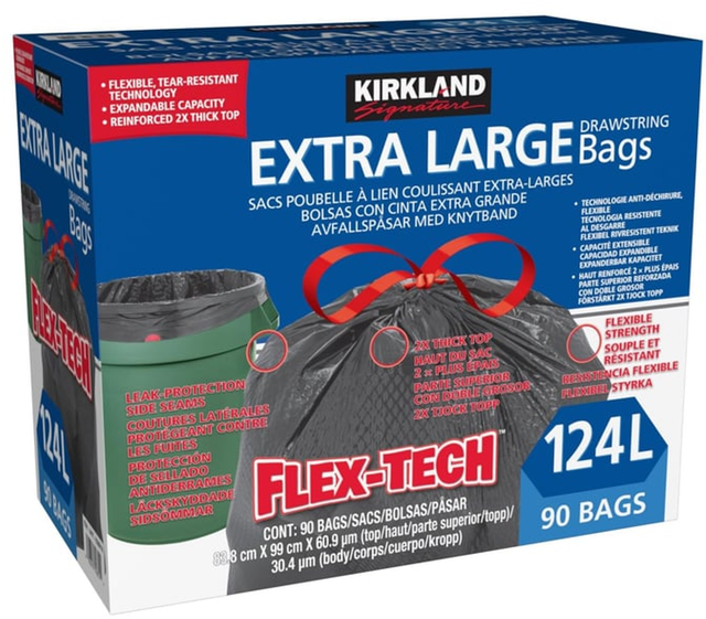 Kirkland Signature 124L Drawstring Trash Bags (124 L x 90 pk)
