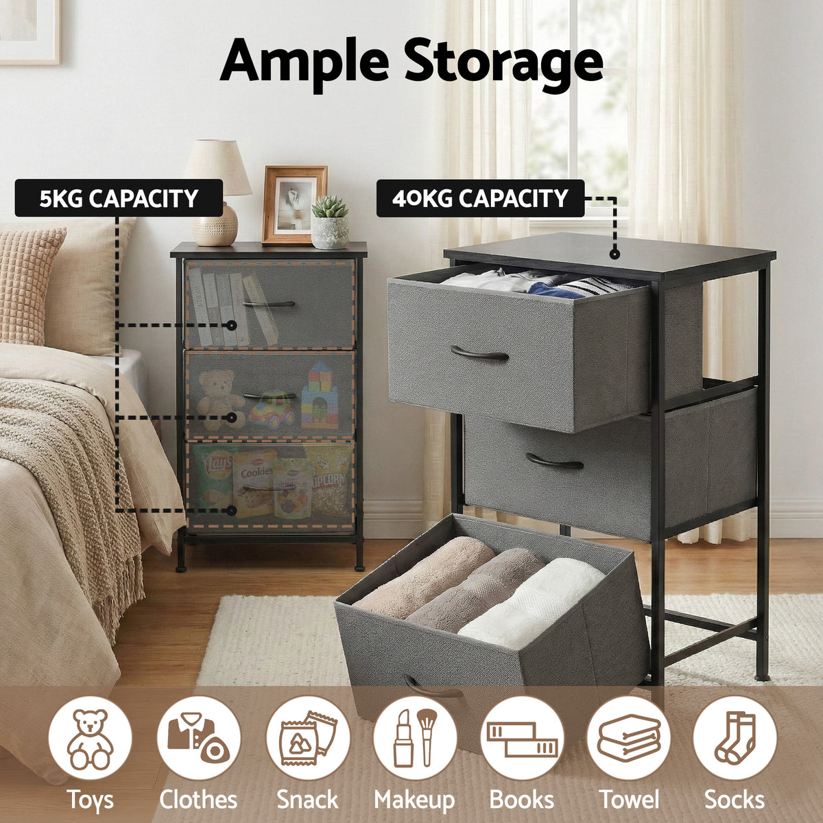 Artiss Chest of 3 Drawers Storage Dresser Tallboy Grey