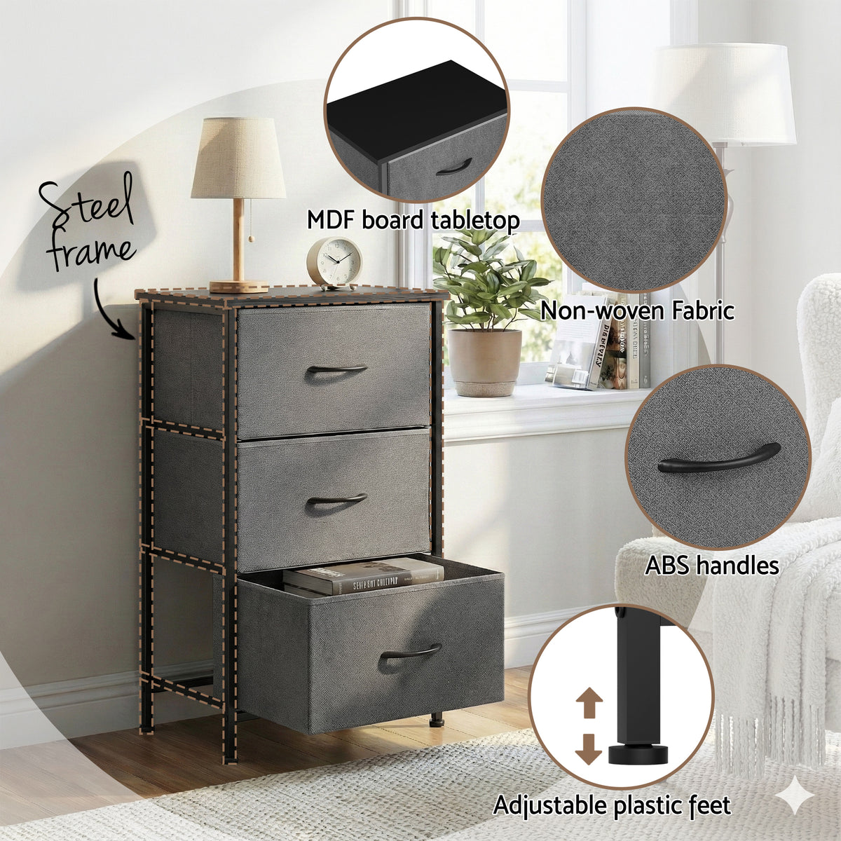 Artiss Chest of 3 Drawers Storage Dresser Tallboy Grey