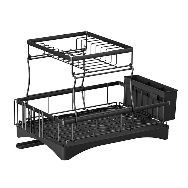 Cefito Dish Rack Expandable Drainer Cutlery Holder Tray Kitchen 2 Tiers Black