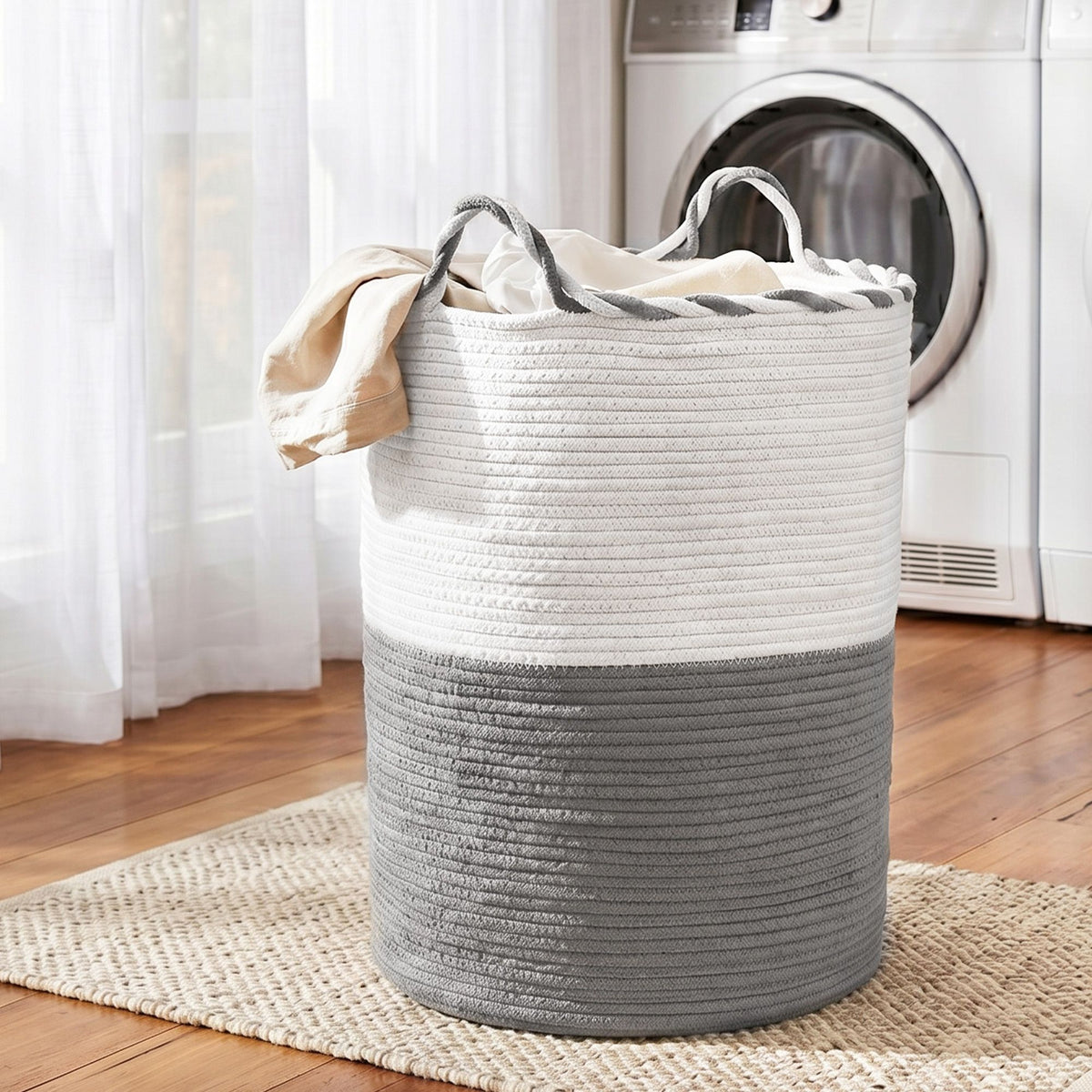 Artiss Woven Laundry Basket with handles Foldable White & Grey